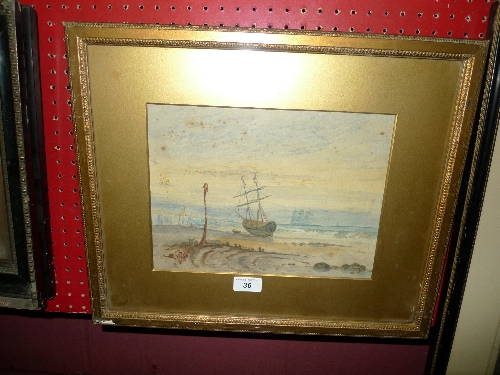 A watercolour coastal scene with moored clipper in the fore framed and glazed
