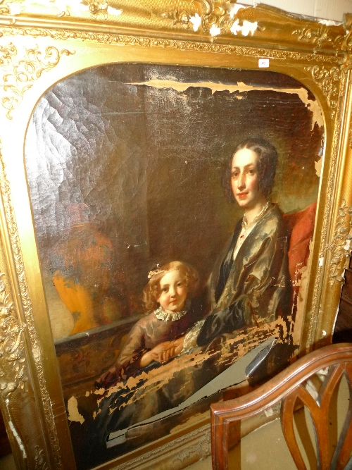 A large oil on canvas portrait of mother and daughter within carved gilt frame (a/f)