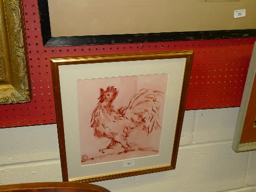 A sepia drawing of a cockerel monogrammed