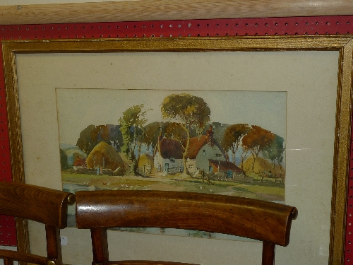 A watercolour rural cottage with pond in the fore, framed and glazed