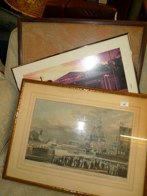 A colour print `St Katherine Docks` print, Texas Service Station and an oil on board still life