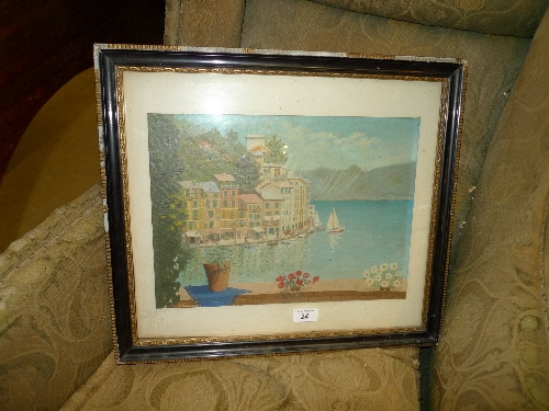 An oil on board continental coastal view framed and glazed