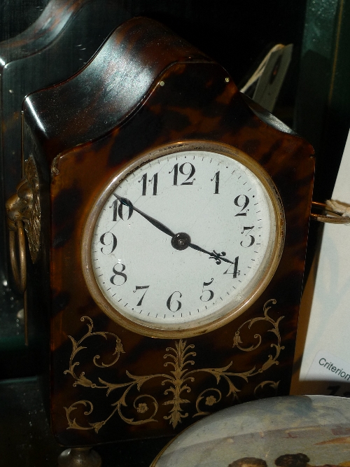 A late Victorian tortoiseshell and hallmarked silver boudoir clock with Arabic numeral dial