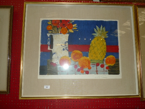 A lithograph still life fruit and water jug signed in pencil