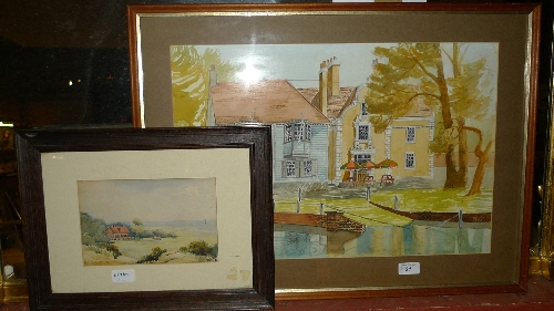 A late C19th watercolour rural dwelling signed Bacton and a watercolour `Greyhound Hotel`