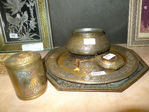 A collection of Indian brass and silver plated items including trays, caskets and a betel nut case