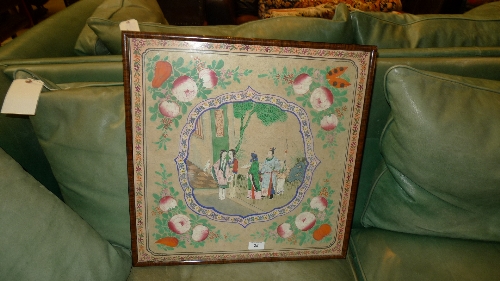 A late C19th oriental gouache figural decoration framed and glazed