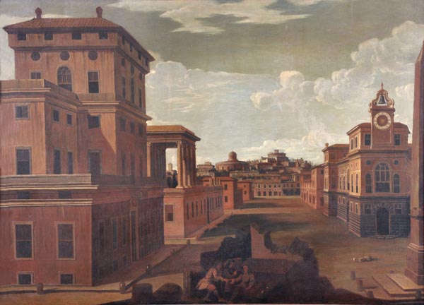 Italian School (18th century) Figures in an architectural capriccio, Oil on canvas, 93 x 130 cm (36