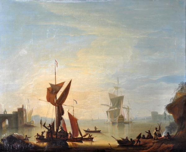 Peter Monamy (1681-1749) A British warship lying off a fortified Mediterranean port, Oil on canvas,