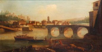 French School (18th century) Figures resting on a bank before a ruined bridge, Oil on canvas, 43 x