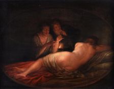 Circle of Jean-Simon Berthélemy, Two men contemplate a sleeping lady by candlelight,, Oil on