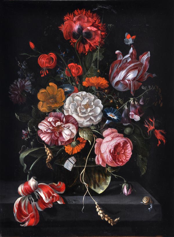 Follower of Abraham Mignon, Still life of flowers in a vase on a ledge, Oil on panel, 51 x 38 cm (
