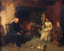 Francis Montague (Frank) Holl (1845-1888) Cottage interior with young family and elderly gentleman,