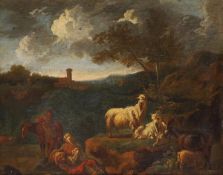 Follower of Philip Peter Roos, called Rosa da Tivoli, Shepherds and goats resting in a landscape,