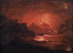 Circle of Michael Wutky, Mount Vesuvius erupting at night, Oil on panel, 19 x 25.5 cm (7 1/2 x 10