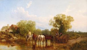 George Shalders (1826-1873) Crossing the ford, Oil on canvas, Signed lower right, 60 x 106 cm (23