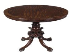 A mahogany and burr yew crossbanded circular centre table, second quarter 19th century, the