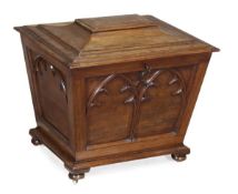 A George IV mahogany cellaret, circa 1825, the cavetto moulded and hinged rectangular top opening