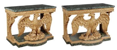 A pair of carved giltwood and marble mounted console tables, in George II style, 18th century and