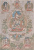 A Tibetan thangka on silk of White Tara, 19th century , the goddess of longevity seated on a lotus