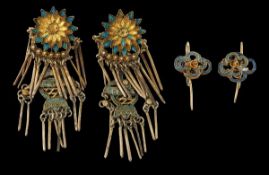 Two pairs of white metal, gilded earrings, Qing dynasty, shaped as flowers and flower baskets,