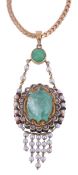 An early 20th century Jaipur enamel, emerald, diamond and pearl pendant, the oval shaped plaque