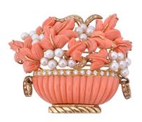 An Italian coral, diamond and cultured pearl giardinetto brooch by Ciaravolo, circa 1970, the