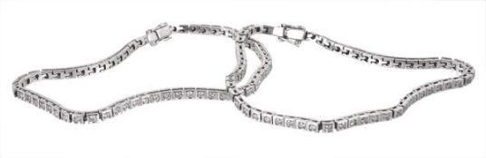 A pair of diamond bracelets, the box link bracelets set with sixty brilliant cut diamonds, each