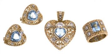 A suite of aquamarine and diamond jewellery, the heart shaped pendant centrally set with a heart