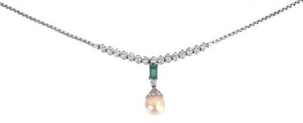 A cultured pearl pendant, the cultured pearl suspended below a brilliant cut diamond and