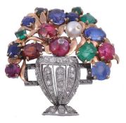 A multi gem giardinetto brooch, the rose cut diamond set pierced urn containing a floral spray set