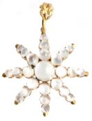 A moonstone star pendant, the sugarloaf moonstones in four claw settings, 5.5cm long