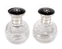 A matched pair of silver, tortoiseshell piqué and cut glass spherical cologne bottles, maker`s