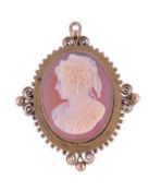 A late 19th century gold and hardstone cameo brooch/pendant, circa 1890, the oval hardstone cameo