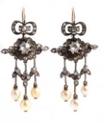 A pair of Victorian diamond and pearl earpendents, the earpendents with a central rose cut diamond