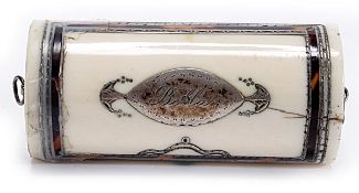 A Regency ivory etui, circa 1815, cylindrical with a flat base, with a central silver navette