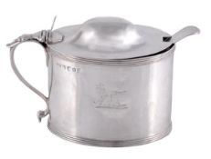 A George III silver oval mustard pot by Thomas Hobbs, London 1796, with a scroll handle, reeded