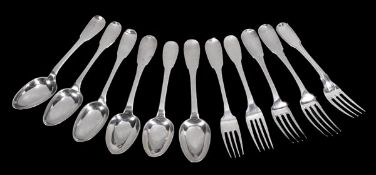 A collection of French silver fiddle pattern flatware, two table forks and five table spoons pre