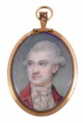 Richard Cosway, RA (British, 1742-1821) A portrait of a gentleman, wearing vermillion coat, white