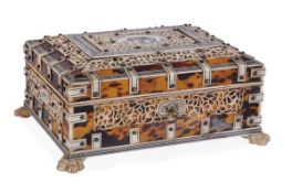 An Indian tortoiseshell, bone and ivory jewellery casket, Vizagapatam, circa 1900, with applied