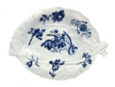 A Worcester blue and white large leaf-shaped dish, painted with the `Blown Tulip` pattern, 35cm in