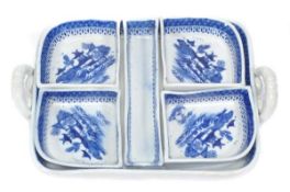 A Coalport blue and white pickle dish tray and fittings, printed with pagodas in landscapes,