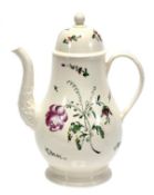 An English creamware baluster coffee pot and cover, Staffordshire or South Yorkshire, painted with