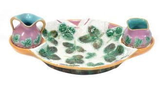 A George Jones strawberry dish, with sugar bowl and creamjug, 37cm in length, raised pad mark,