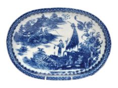 A Caughley blue and white oval baking dish, printed with the `Fisherman and Cormorant` pattern, 23.