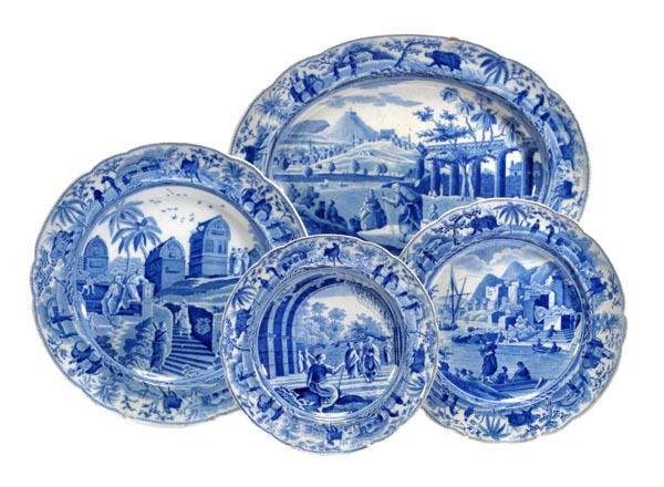 Four various Spode blue and white printed pottery plates from the` Caramanian` series, first