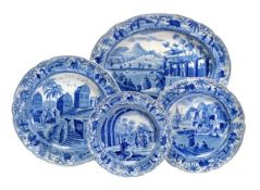 Four various Spode blue and white printed pottery plates from the` Caramanian` series, first