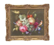 An English porcelain rectangular still life plaque, painted with a small, exotic bird among fruit