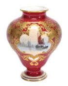 A small Royal Crown Derby red-ground baluster vase initialled by William Dean, painted with a