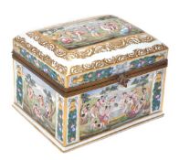 A Naples-style porcelain gilt-metal-mounted casket and hinged cover, modelled con basso relievo